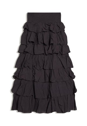 Czarna, wielowarstwowa spódnica z falbanami i szerokim pasem, z wieloma warstwami tworzącymi teksturowany, puszysty wygląd.
