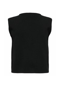 Černý top bez rukávů vyrobený z žebrované pleteniny. Má kulatý výstřih a volný střih bez viditelných švů nebo kovových akcentů.