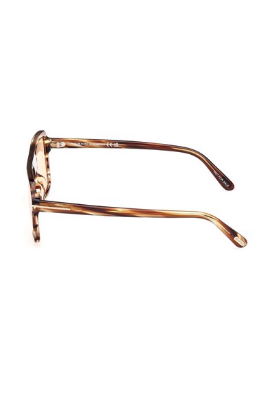 Ochelari tortoiseshell maro cu un cadru rectangular, având o finisare lucioasă și temple subțiri cu detalii de brand.