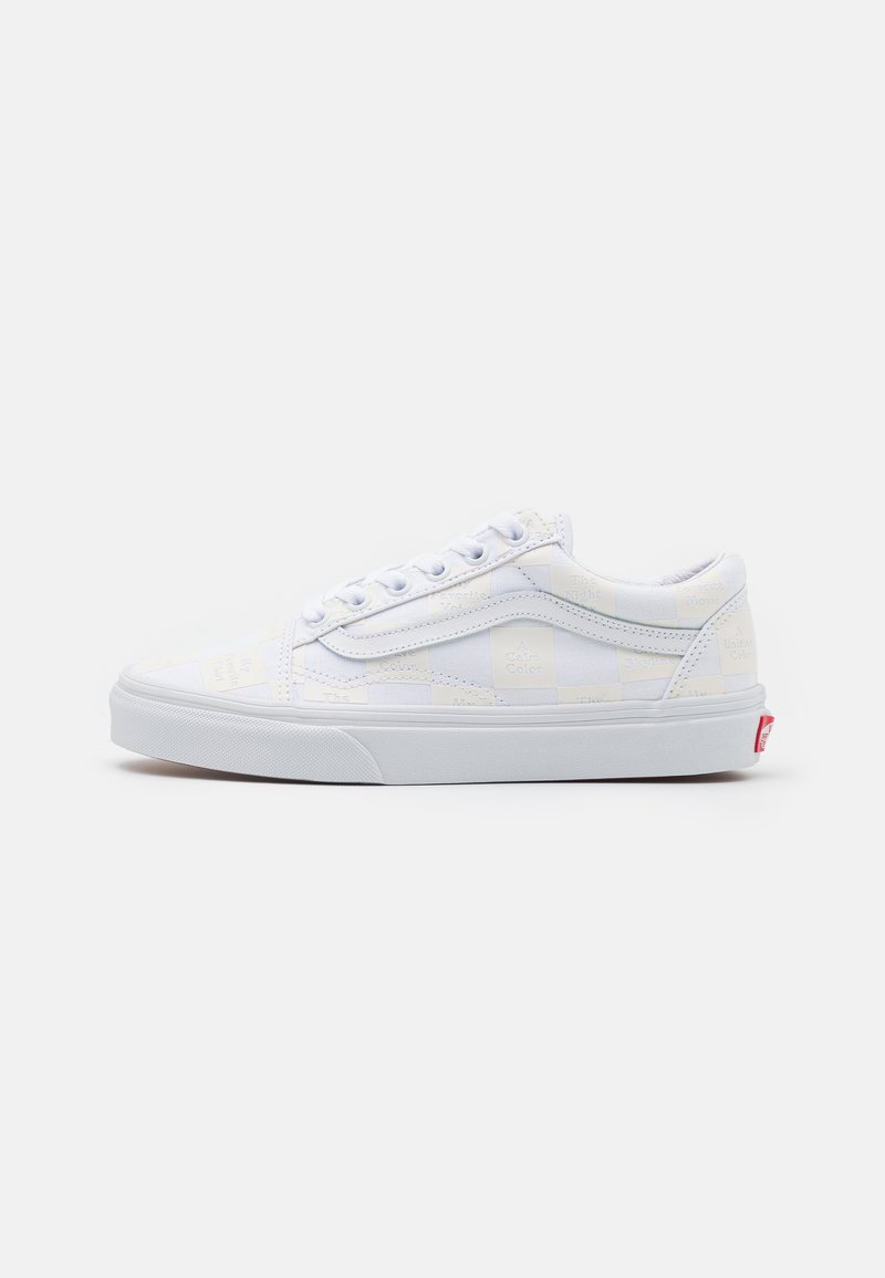 White low-top sneakers with a textured pattern, featuring a lace-up front, padded collar, and solid white sole, accented with a red logo.