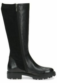 Bota alta negra hecha de cuero y ante, con cremallera lateral, punta redondeada y suela texturizada para tracción.