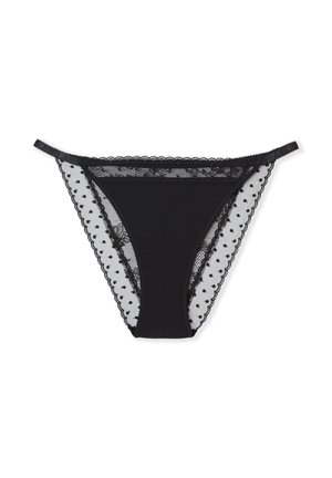 Schwarzes String-Unterwäsche mit Spitzenbesatz und Netzseiten mit Polka-Dot-Mustern, glattem Stoff und verstellbaren Trägern.