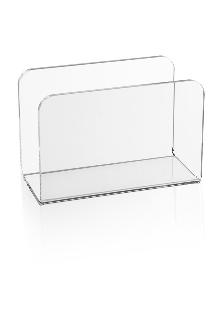 Support de brochure en acrylique transparent avec deux panneaux latéraux verticaux et un panneau de base horizontal, conçu pour l'affichage sur table de flyers ou de brochures.