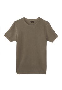 T-shirt a maniche corte e collo rotondo realizzato in tessuto verde oliva testurizzato, caratterizzato da una vestibilità comoda e un design semplice senza decorazioni.