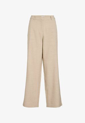 Pantalon beige à jambes larges avec passants de ceinture, fermeture éclair à l'avant, et tissu texturé, présenté sur fond blanc.