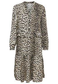 Klänning med leopardmönster och långa ärmar, volangdetaljer och V-utskärning. Tyget har en blandning av bruna, svarta och beige färger.