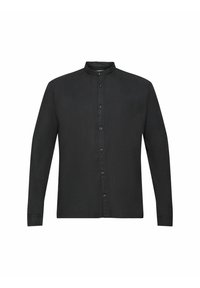 Maglietta nera a maniche lunghe realizzata in tessuto leggero, caratterizzata da un colletto alto e chiusura frontale con bottoni, con una texture liscia e opaca.
