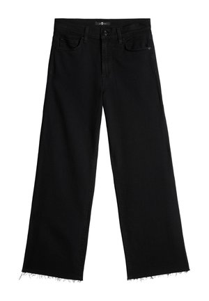 Black wide-leg jeans made of denim. Features a frayed hem, five-pocket design, and front button closure. Smooth texture throughout.