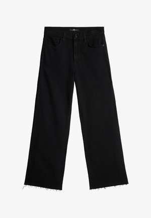 Schwarze weite Jeans aus Denim. Mit fransigem Saum, Fünf-Taschen-Design und vorderem Knopfverschluss. Glatte Textur über den gesamten Stoff.