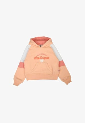 Sweat à capuche pêche avec manches blanches et accents roses. Comprend une poche avant et un logo texturé indiquant "East London Lee Cooper" en rouge.