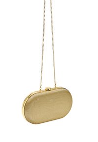 Złoty metaliczny kopertówka o siateczkowej teksturze, w owalnym kształcie z łańcuszkowym paskiem. Posiada zamknięcie na przycisk i gładkie, błyszczące akcenty.