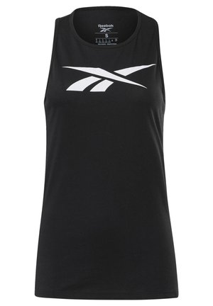 Schwarzes, ärmelloses Reebok Tanktop mit großem weißem Logo in der Mitte der Brust, Größe S, hergestellt in Indonesien.
