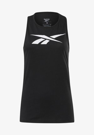 Czarny damski top na ramiączkach Reebok z dużym białym logo na środku klatki piersiowej, rozmiar mały, wyprodukowany w Indonezji.