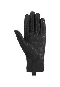 Gants noirs avec un motif texturé sur les doigts, un poignet lisse et une zone de prise renforcée sur la paume.