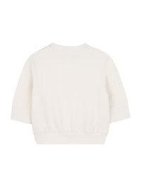 Crème cropped sweatshirt met korte mouwen, geribbelde hals en zoom. Soepele textuur, eenvoudig ontwerp, geen zichtbare patronen of versieringen.