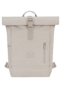 Beige roll-top backpack made of durable fabric, featuring a front zip pocket, adjustable straps, and a top handle for carrying convenience.