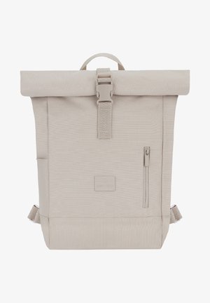 Beige roll-top backpack made of durable fabric, featuring a front zip pocket, adjustable straps, and a top handle for carrying convenience.