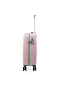 Maleta de dureza en rosa pastel con un acabado brillante. Cuenta con un zipper plateado, un mango gris y cuatro ruedas negras para facilitar la movilidad.