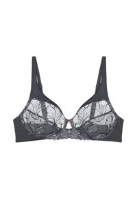 Tumši pelēks apakšveļas krūšturis ar ziedu mežģīņu pārklājumu un plānām regulējamām siksnām, centrā priekšā izvietota neliela dekoratīva piekariņa.