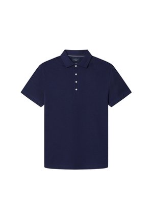 Marinblå polo skjorta tillverkad av slät tyg med krage, tre-knapps knäppning och korta ärmar. Har en diskret logotyp på nederkanten.