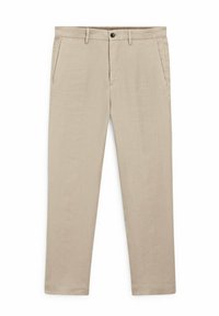 Beige leichte Hose mit geradem Bein, seitlichen Taschen, einem Knopfverschluss und einer glatten Stoffoberfläche.