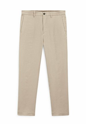 Pantaloni leggeri beige con design a gamba dritta, tasche laterali, chiusura a bottone e una texture di tessuto liscia.