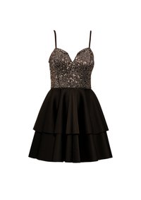 Crna haljina bez rukava s uskim bodijem ukrašenim šljokicama i višeslojnim flared suknjom, s tankim naramenicama i izrezom u obliku srca.