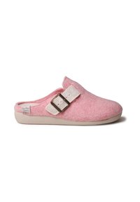 Pink felt slippers featuring a wide strap with a cream buckle, soft texture, rounded shape, and a lightweight, beige sole.
