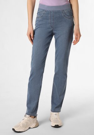 Helle blaue Denim-Jeans mit einer glatten Textur, schmal zulaufendem Bein und elastischem Bund, ausgestattet mit zwei vorderen Taschen und kontrastierender Naht.