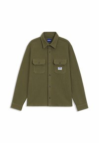 Olive green corduroy shirt with a button-down collar, two chest pockets, and black buttons, featuring a small brand label.