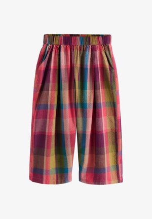 Kleurrijke geruite loszittende shorts met elastische tailleband en zijzakken, met tinten rood, groen, blauw en paars.