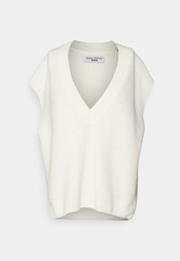 Weißes ärmelloses Stricktop mit V-Ausschnitt, mit einer gerippten Textur und dezenten Details an den Seiten, mit dem Etikett "Marc O'Polo Denim".