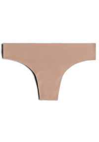 Nackte Stringunterwäsche aus weichem Stoff, mit glatter Textur, minimaler Abdeckung und nahtlosem Design ohne Verzierungen.
