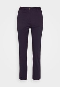 Mørkeblå bomullsbukser med slim fit, belteklips, knappelukking og rette ben. Glatt tekstur, ingen synlige mønstre.