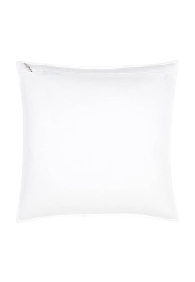 Λευκό τετράγωνο μαξιλάρι με ορατό φερμουάρ στην πάνω αριστερή γωνία, τοποθετημένο σε λευκό απλό φόντο.