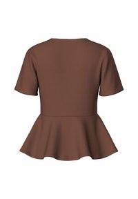 Haut péplum marron à manches courtes avec encolure ronde et taille cintrée évasée sur les hanches, vu de dos.
