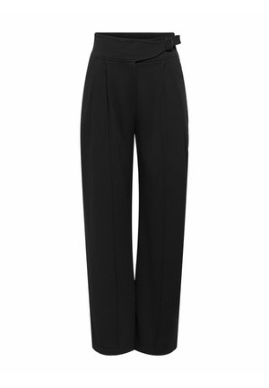Black wide-leg trousers with a waistband that features a crossover design and a decorative buckle, made from a smooth, lightweight fabric.