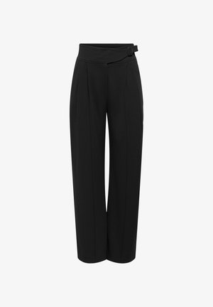 Black wide-leg trousers with a waistband that features a crossover design and a decorative buckle, made from a smooth, lightweight fabric.