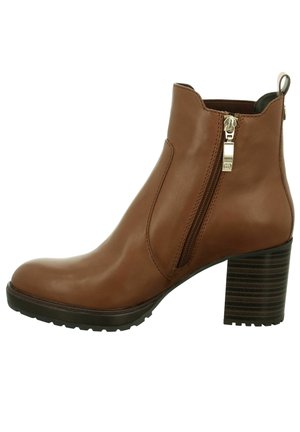 Brauner Leder-Stiefelette mit seitlichem Reißverschluss, Zuglasche, gestapeltem Blockabsatz und profiliertem Profilsohle.