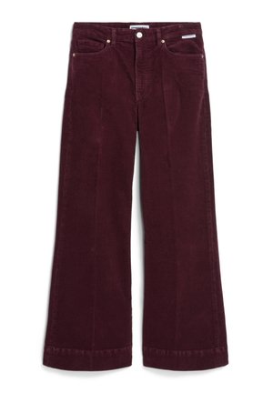 Pantaloni a gamba larga in corduroy bordeaux con una texture liscia, dotati di due tasche anteriori e chiusura con bottone. I fondo orlati completano il design.
