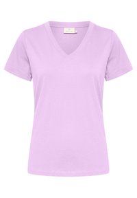 Lilla V-hals t-shirt lavet af blød bomuld. Korte ærmer og en afslappet pasform. Enkelt design uden mønstre eller dekorationer.