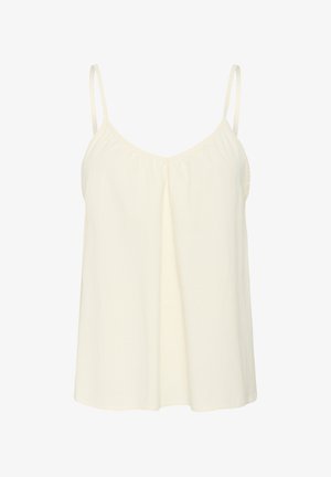 Kremno obarvana brezrokavna majica s tankimi naramnicami, v-izrezom in nabrano teksturo. Lahka tkanina z sproščenim, tekočim silhueto.