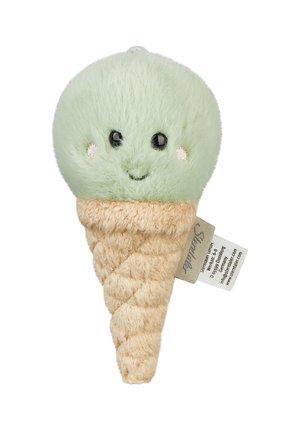 Soft plush toy shaped like a smiling mint green ice cream scoop on a beige waffle cone with a fabric tag attached.