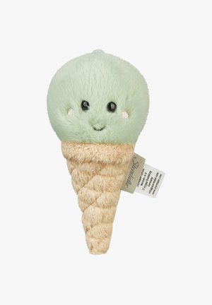 Soft plush toy shaped like a smiling mint green ice cream scoop on a beige waffle cone with a fabric tag attached.