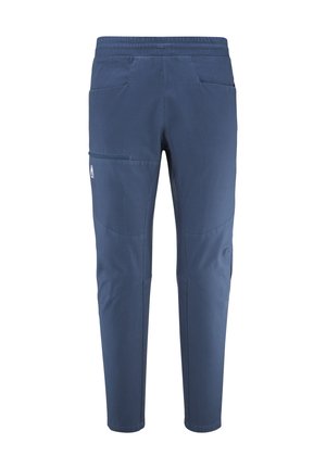 Blue slim-fit pants with elastic waistband, front and side zippered pockets, and reinforced knee seams.