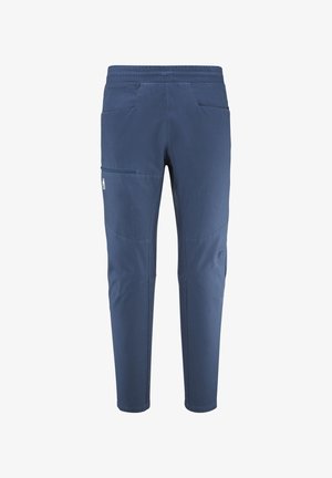 Blue slim-fit pants with elastic waistband, front and side zippered pockets, and reinforced knee seams.