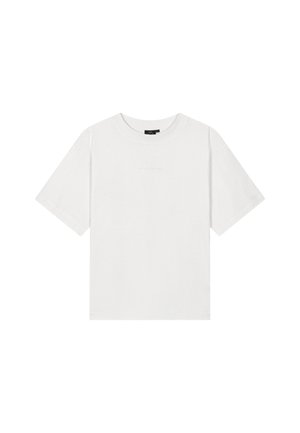 Einfaches weißes T-Shirt mit kurzen Ärmeln und Rundhalsausschnitt, schlichtem, sauberem Design und leicht lockerer Passform.