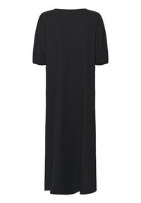 Black dress with a relaxed fit, featuring short puff sleeves and a straight silhouette. Made of lightweight, textured fabric.