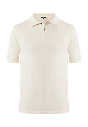 Polo shirt beige à manches courtes en tissu doux. Présente un col classique, une patte de boutonnage à trois boutons et une finition texturée subtile.