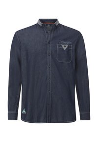 Dunkelblauses Jeanshemd mit Knopf-besetztem Kragen. Verfügt über Kontrastnähte, eine Brusttasche und ein dreieckiges Detail auf der Tasche.
